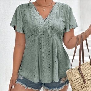 SHEIN Frenchy Plus Eyelet Embroidery Butterfly Sleeve Tee